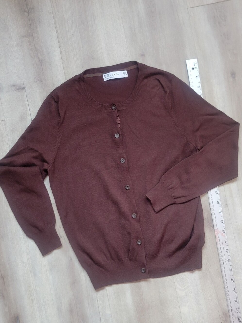Zara Brown Button-Front Fine Knit Crewneck Cardigan Sweater Size Small
